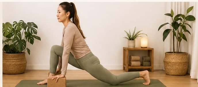 Kvinne i lavt utfall på yogamatte med hendene støttet på to yogaklosser